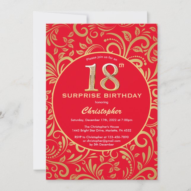 Invitation Surprise 18e anniversaire Floral rouge et or (Devant)