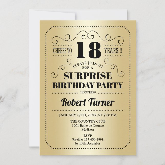 Invitation Surprise 18e anniversaire - Gold Black (Devant)
