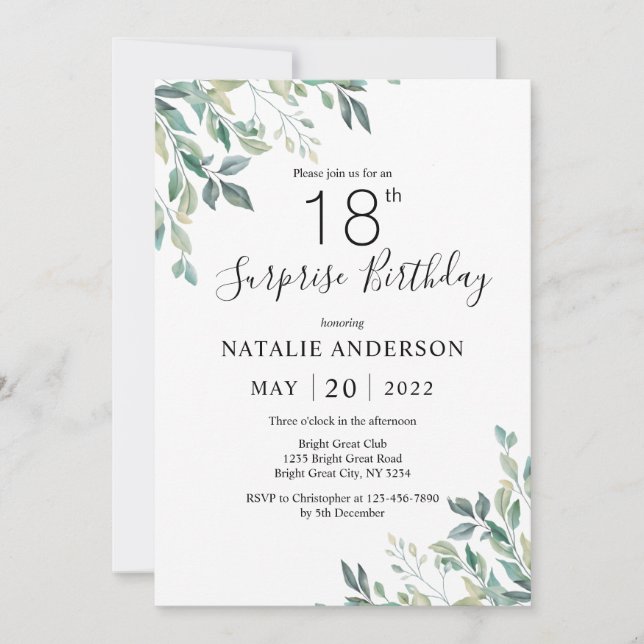 Invitation Surprise 18e anniversaire Green Eucalyptus Green (Devant)