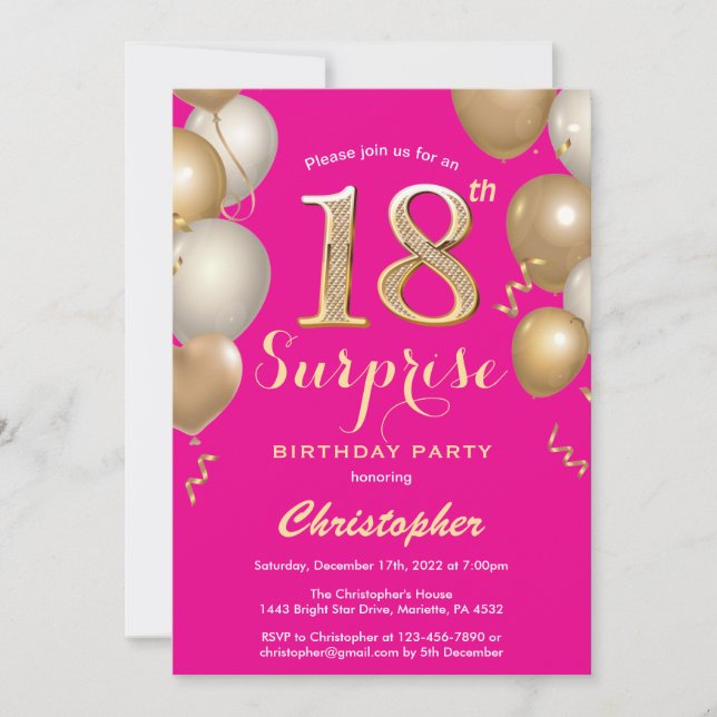 Invitation Surprise 18e anniversaire Hot rose et or Ballons (Devant)