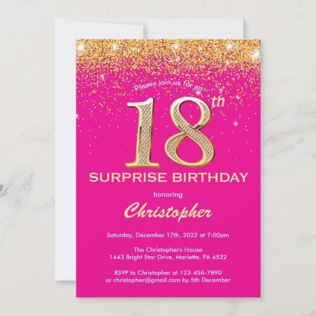 Invitation Surprise 18e anniversaire Hot rose et Parties scin (Devant)
