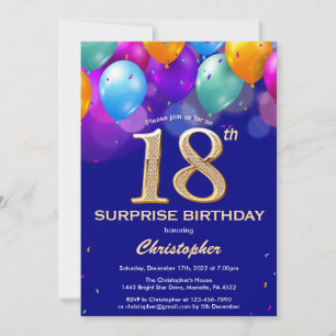 Invitation Surprise 18e anniversaire Marine Bleu et Ballons d