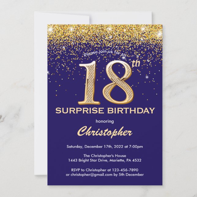 Invitation Surprise 18e anniversaire Marine Blue and Gold Par (Devant)