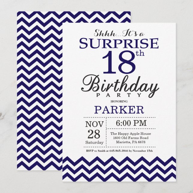 Invitation Surprise 18e anniversaire Marine Blue Chevron (Devant / Derrière)