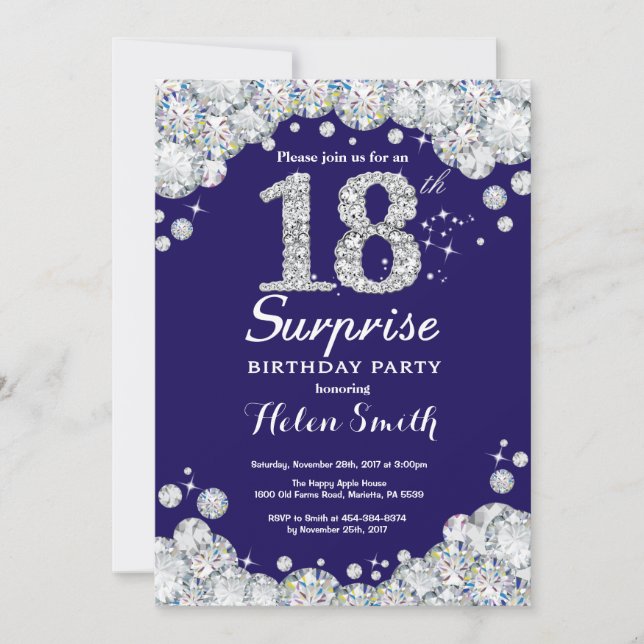 Invitation Surprise 18e anniversaire Marine Blue Silver Diamo (Devant)