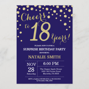 Invitation Surprise 18e anniversaire Navy Blue and Gold Diamo