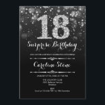 Invitation Surprise 18e anniversaire - Noir Argent<br><div class="desc">Invitation surprise pour les 18 ans.
Élégant design noir et blanc avec faux strass argenté. Anniversaire adulte. Caractéristiques diamants et police de caractères script. Invitation d'anniversaire pour homme ou femme.  Parfait pour une fête d'anniversaire élégante. Envoyez-moi un message si vous avez besoin d'une personnalisation supplémentaire.</div>