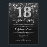 Invitation Surprise 18e anniversaire - Noir Argent<br><div class="desc">Invitation surprise pour les 18 ans.
Élégant design noir et blanc avec faux strass argenté. Anniversaire adulte. Caractéristiques diamants et police de caractères script. Invitation d'anniversaire pour homme ou femme.  Parfait pour une fête d'anniversaire élégante. Envoyez-moi un message si vous avez besoin d'une personnalisation supplémentaire.</div>