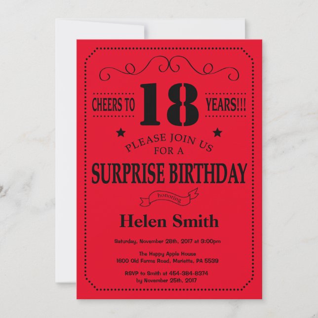 Invitation surprise 18e anniversaire Noir et Rouge (Devant)