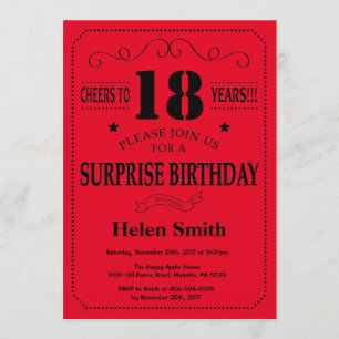 Invitation surprise 18e anniversaire Noir et Rouge