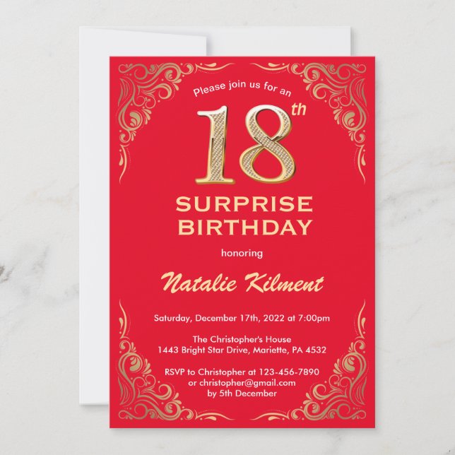 Invitation Surprise 18e anniversaire Parties scintillant roug (Devant)