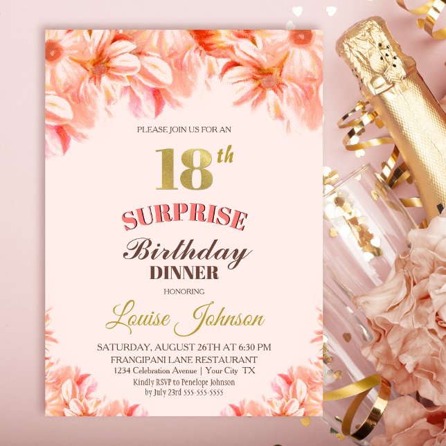 Invitation Surprise 18e anniversaire Pink Gold Floral Dîner (Créateur téléchargé)