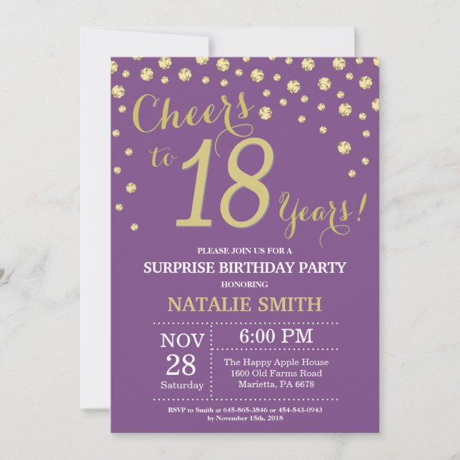 Invitation Surprise 18e anniversaire Purple and Gold Diamond (Devant)