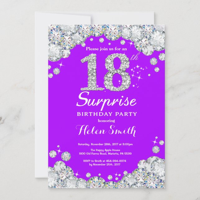 Invitation Surprise 18e anniversaire Purple et Silver Diamond (Devant)