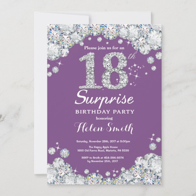 Invitation Surprise 18e anniversaire Purple et Silver Diamond (Devant)