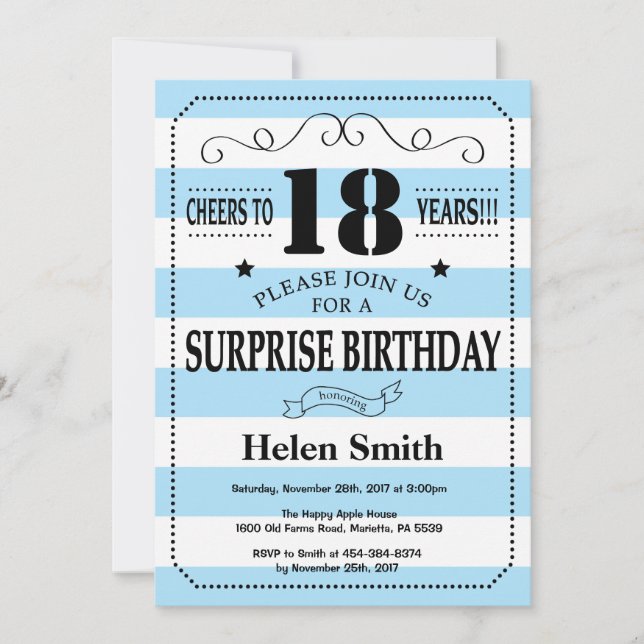 Invitation Surprise 18e Anniversaire Rayures Bleues et Blanch (Devant)
