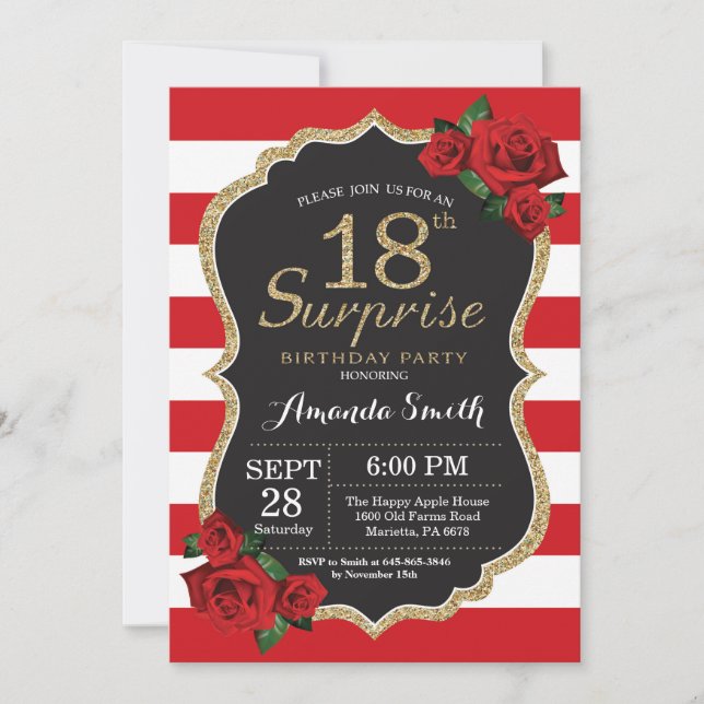 Invitation surprise 18e anniversaire Rose Rouge Or (Devant)