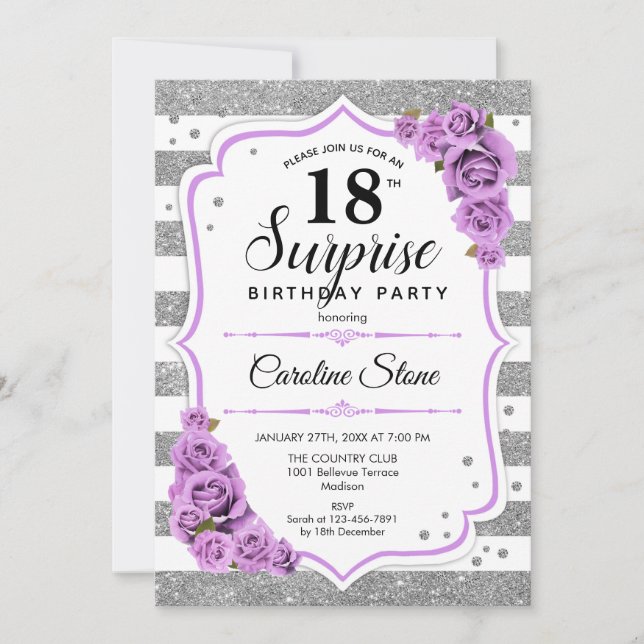 Invitation Surprise 18e anniversaire - Silver White Purple (Devant)