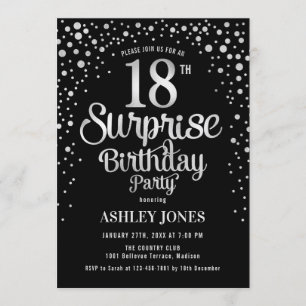 Invitation Surprise 18e fête d'anniversaire - Argent et Noir