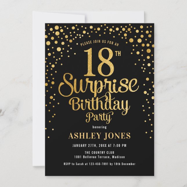 Invitation Surprise 18e fête d'anniversaire - Black & Gold (Devant)