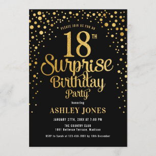 Invitation Surprise 18e fête d'anniversaire - Black & Gold