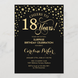 Invitation Surprise 18e fête d'anniversaire - Gold Black