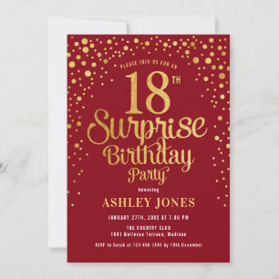 Invitation Surprise 18e fête d'anniversaire - Rouge & Or