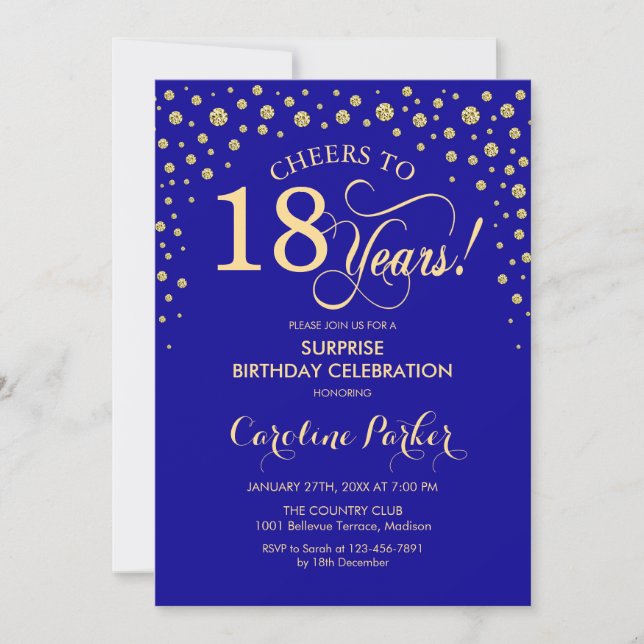 Invitation Surprise 18e fête d'anniversaire - Royal Blue Gold (Devant)
