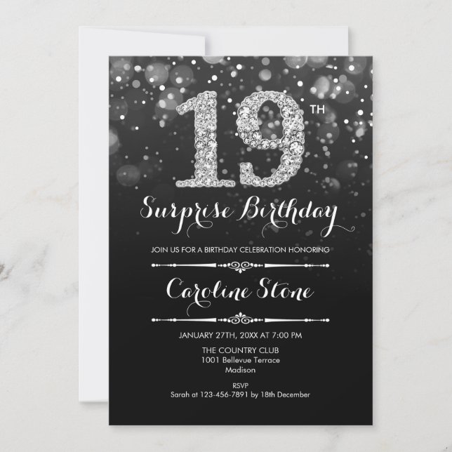 Invitation Surprise 19e anniversaire - Argent noir (Devant)