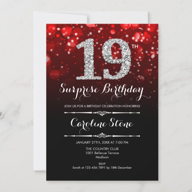 Invitation Surprise 19e anniversaire - Argent Noir Rouge (Devant)