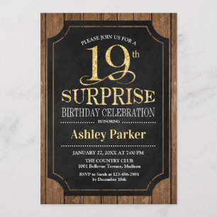 Invitation Surprise 19e fête d'anniversaire - Wood Gold
