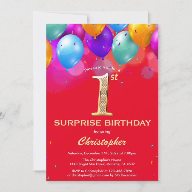 Invitation Surprise 1er anniversaire Ballons rouge et or (Devant)