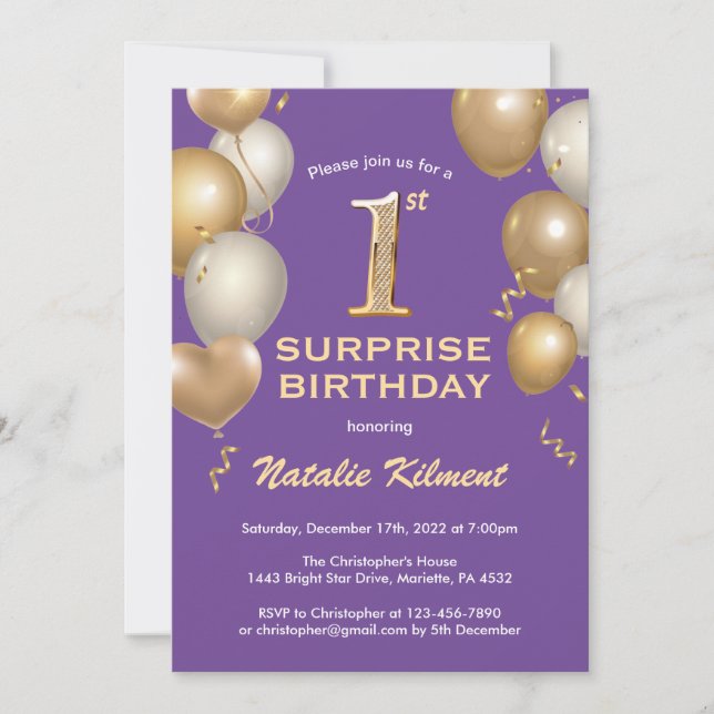 Invitation Surprise 1er anniversaire Ballons violet et or (Devant)