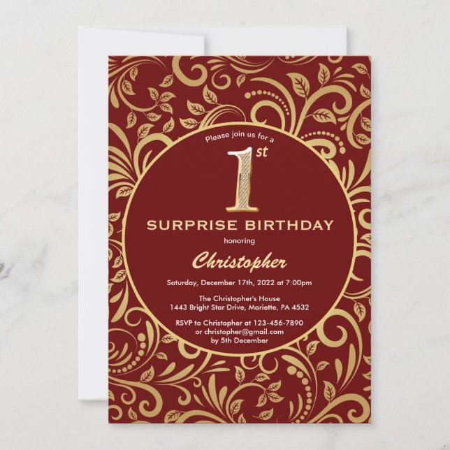 Invitation Surprise 1er anniversaire Bourgogne Rouge & Or Flo (Devant)