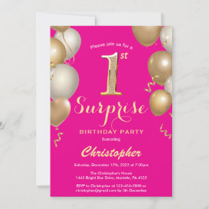 Invitation Surprise 1er anniversaire Hot Pink et Gold Balloon