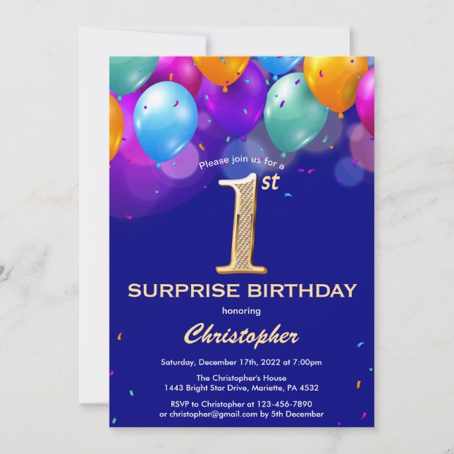 Invitation Surprise 1er anniversaire Marine Bleu et or Ballon (Devant)