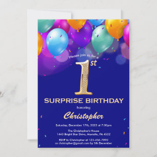Invitation Surprise 1er anniversaire Marine Bleu et or Ballon