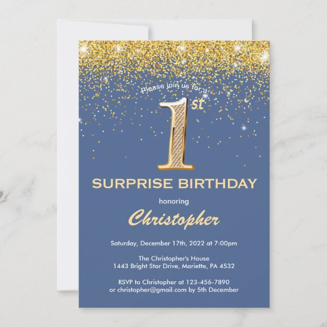 Invitation Surprise 1er anniversaire Parties scintillant bleu (Devant)