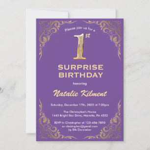 Invitation Surprise 1er anniversaire Purple and Gold Parties 