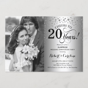 Invitation Surprise 20e anniversaire avec photo argent noir