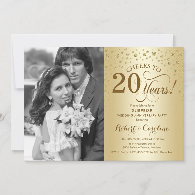 Invitation Surprise 20e anniversaire avec Photo Gold Elegant (Devant)