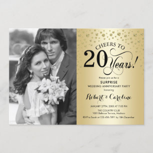 Invitation Surprise 20e anniversaire avec photo or noir