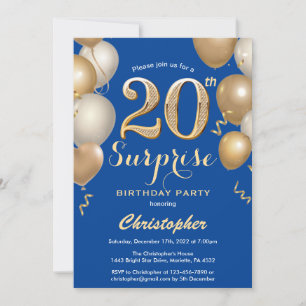 Invitation Surprise 20e anniversaire Ballons bleu et or
