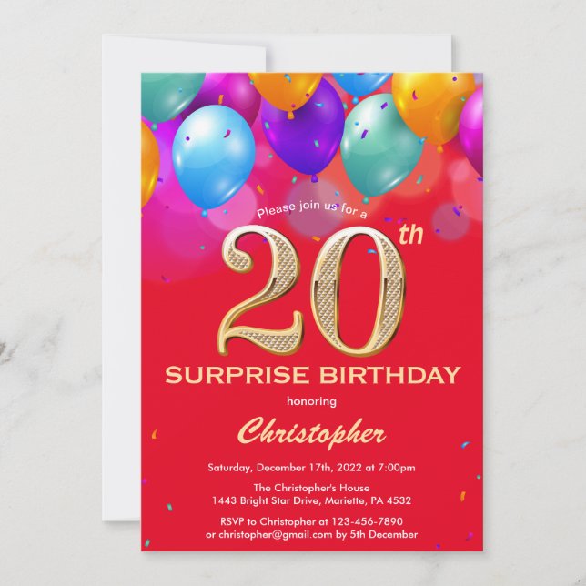 Invitation Surprise 20e anniversaire Ballons rouge et or (Devant)
