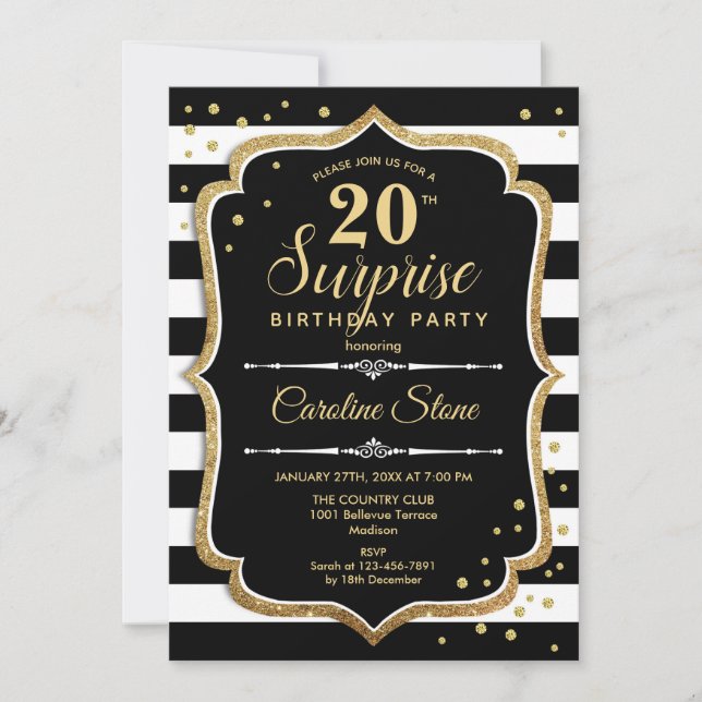 Invitation Surprise 20e anniversaire - Black White Gold (Devant)