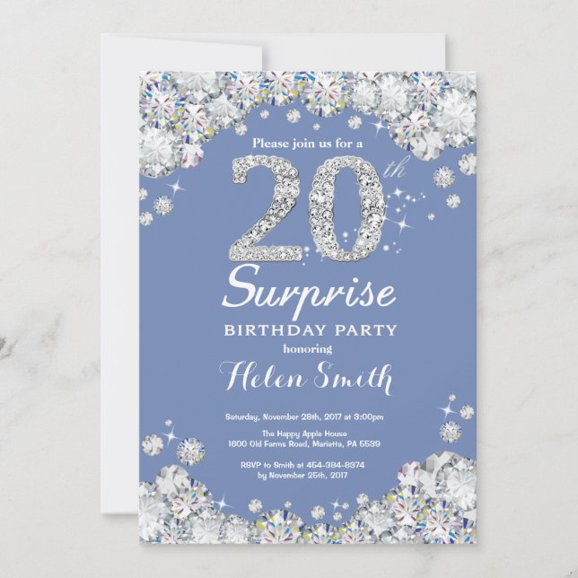 Invitation Surprise 20e Anniversaire Bleu Argent Diamant (Devant)