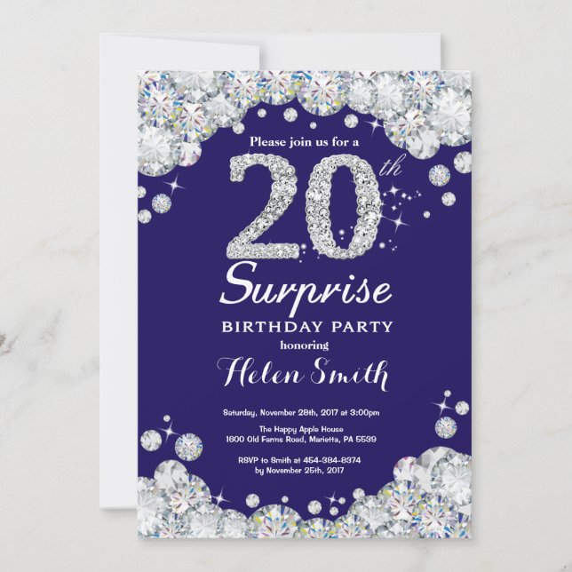 Invitation Surprise 20e Anniversaire Bleu Marine Argent Diama (Devant)
