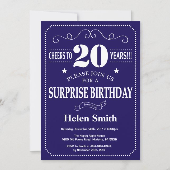 Invitation Surprise 20e Anniversaire Bleu Nuit et Blanc (Devant)