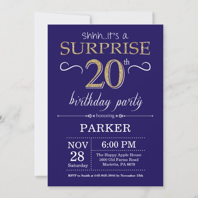 Invitation Surprise 20e Anniversaire Bleu Nuit et Paillettes  (Devant)