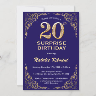 Invitation Surprise 20e Anniversaire Bleu Nuit et Paillettes